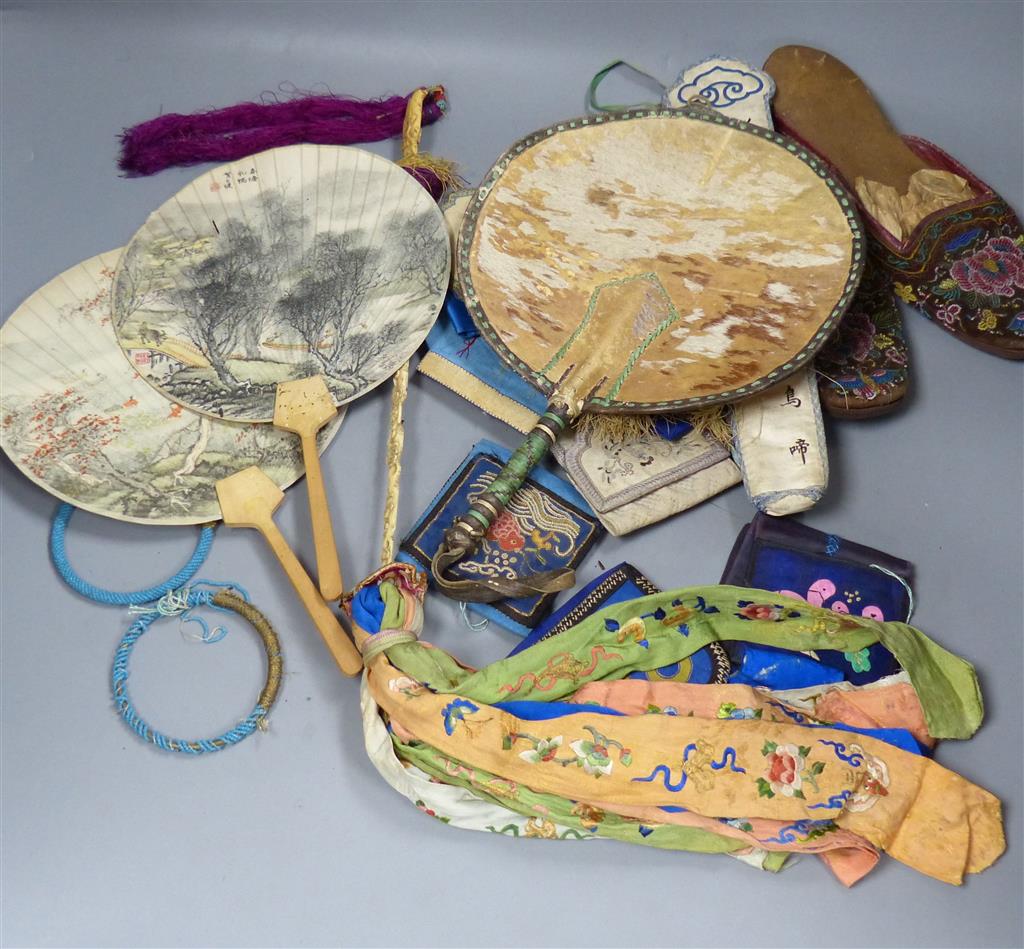 A Chinese ivory handled silk fly whisk, fan cases, fans, beaded shoes etc.